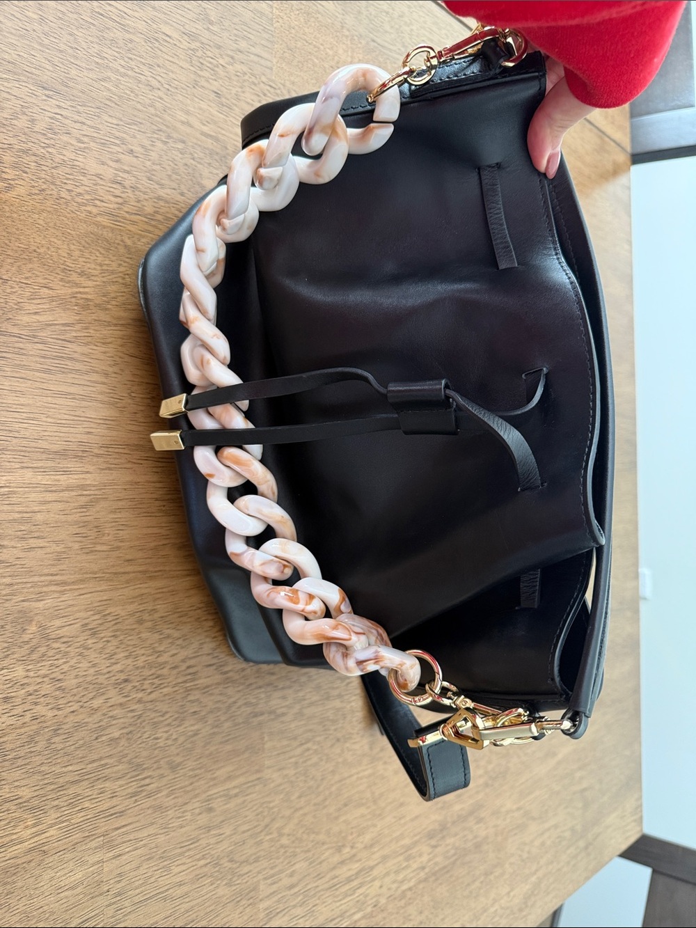 Black Leather Shoulder Bag with Marble Chain Strap